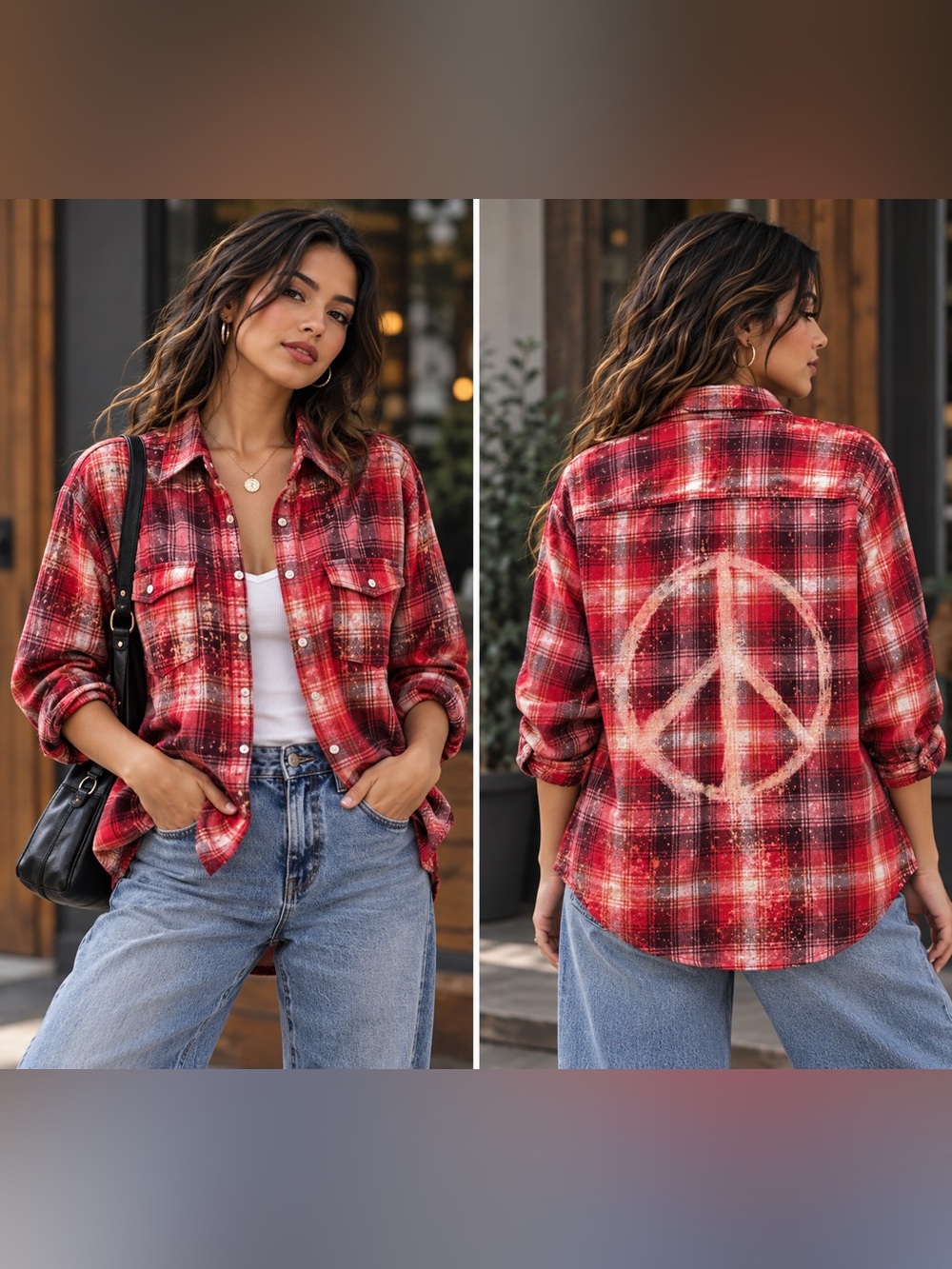 Upcycled Old Navy Flannel Medium Bleached Peace Sign Plaid OOAK Boho Grunge